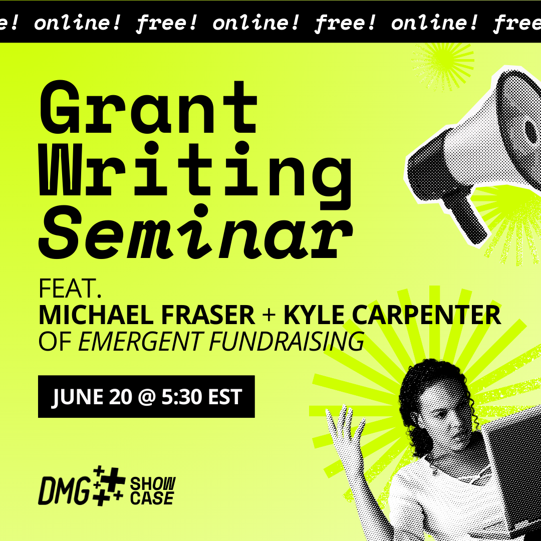 Text reads: Grant Writing Seminar featuring Michael Fraser and Kyle Carpenter of Emergent Fundraising. Date listed as June 20th 2023