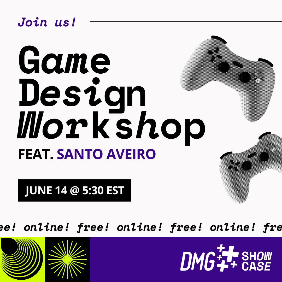 Image with text reading: Game Design Workshop featuring Santo Aveiro. The date is listed as June 14th 2023. A free online workshop